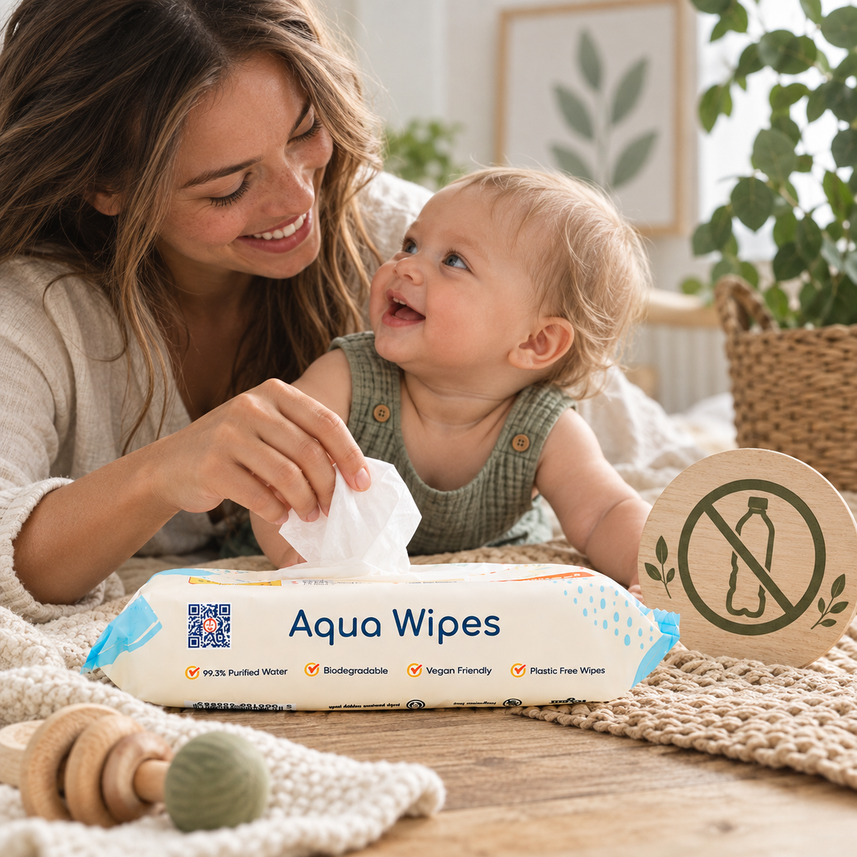 Mother and baby with Aqua Wipes