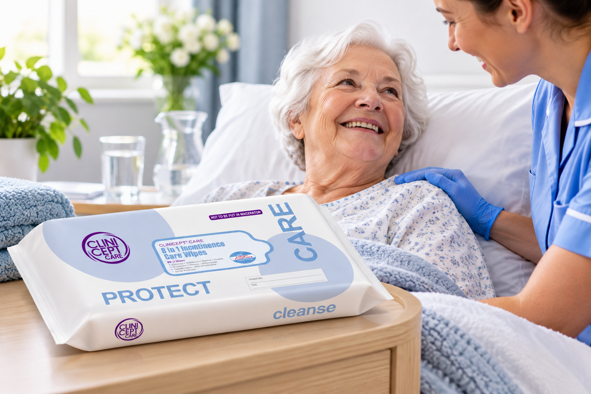 patient and nurse with incontinence wipes