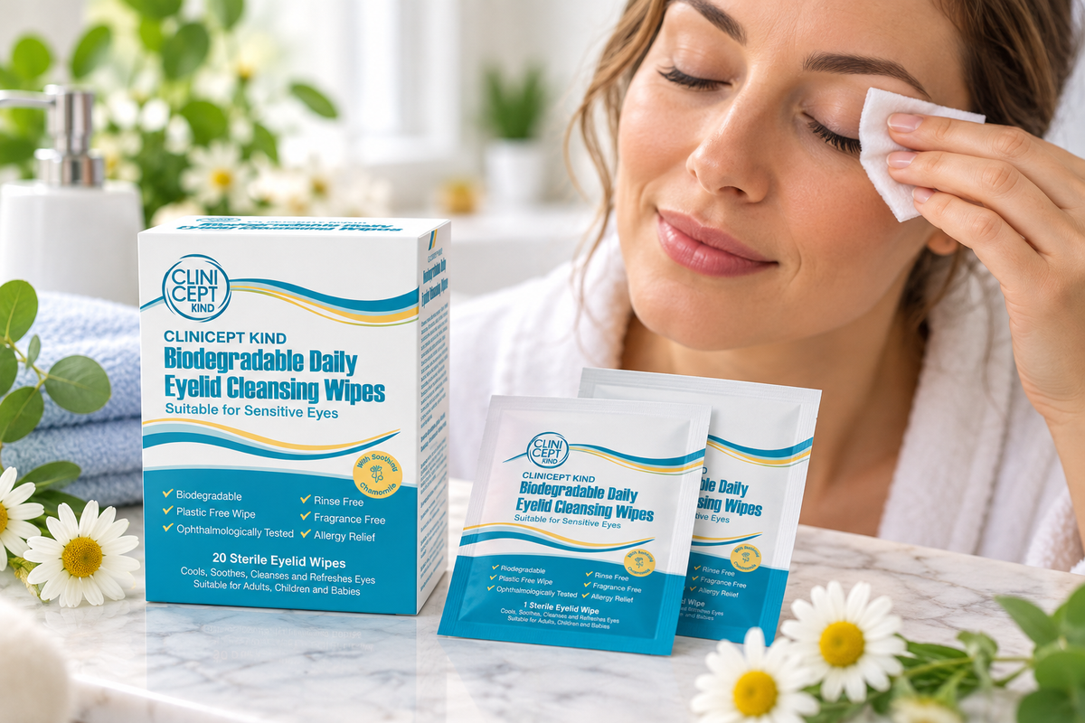woman cleaning her eyes using clinicept wipes