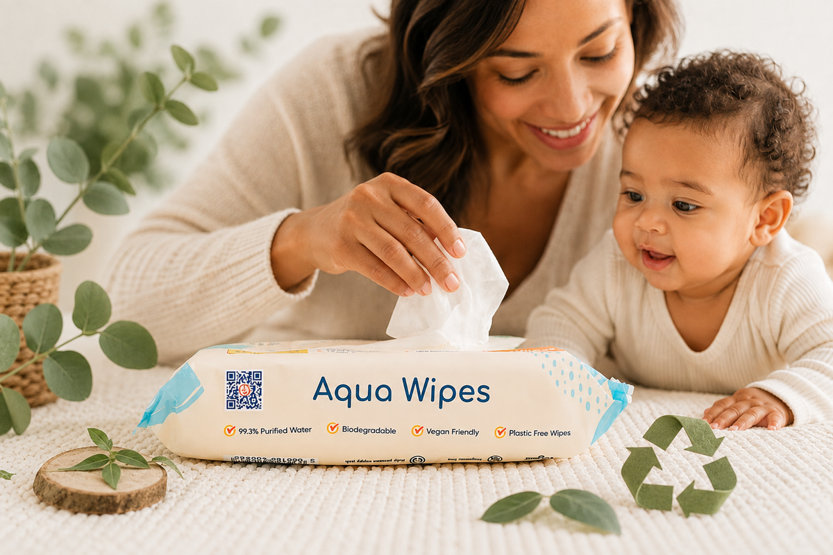 mother and baby with eco wipes