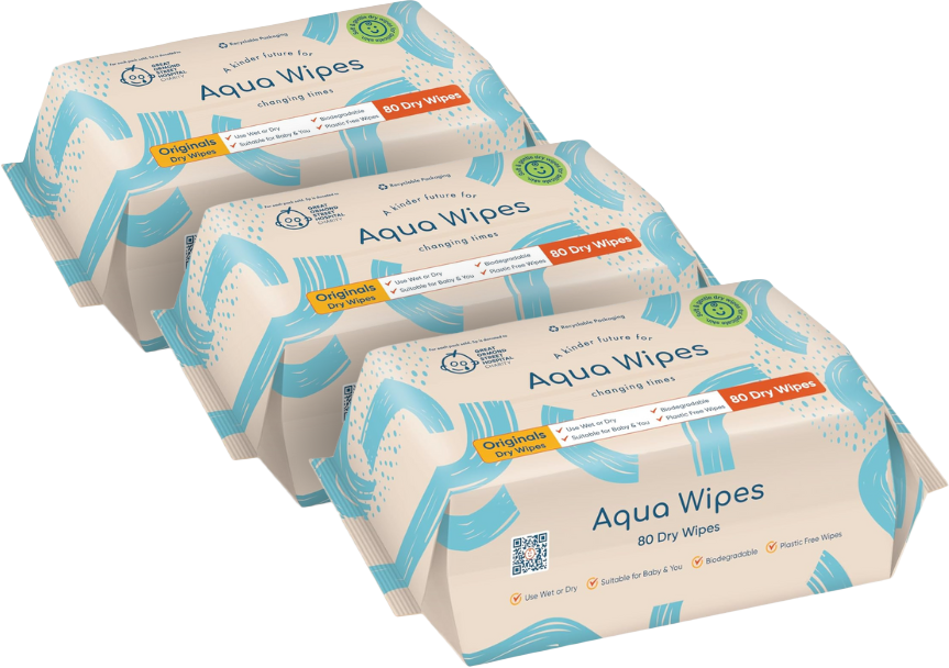 Three packs of Aqua Wipes Originals dry baby wipes