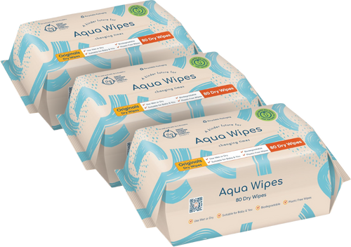 Three packs of Aqua Wipes Originals dry baby wipes